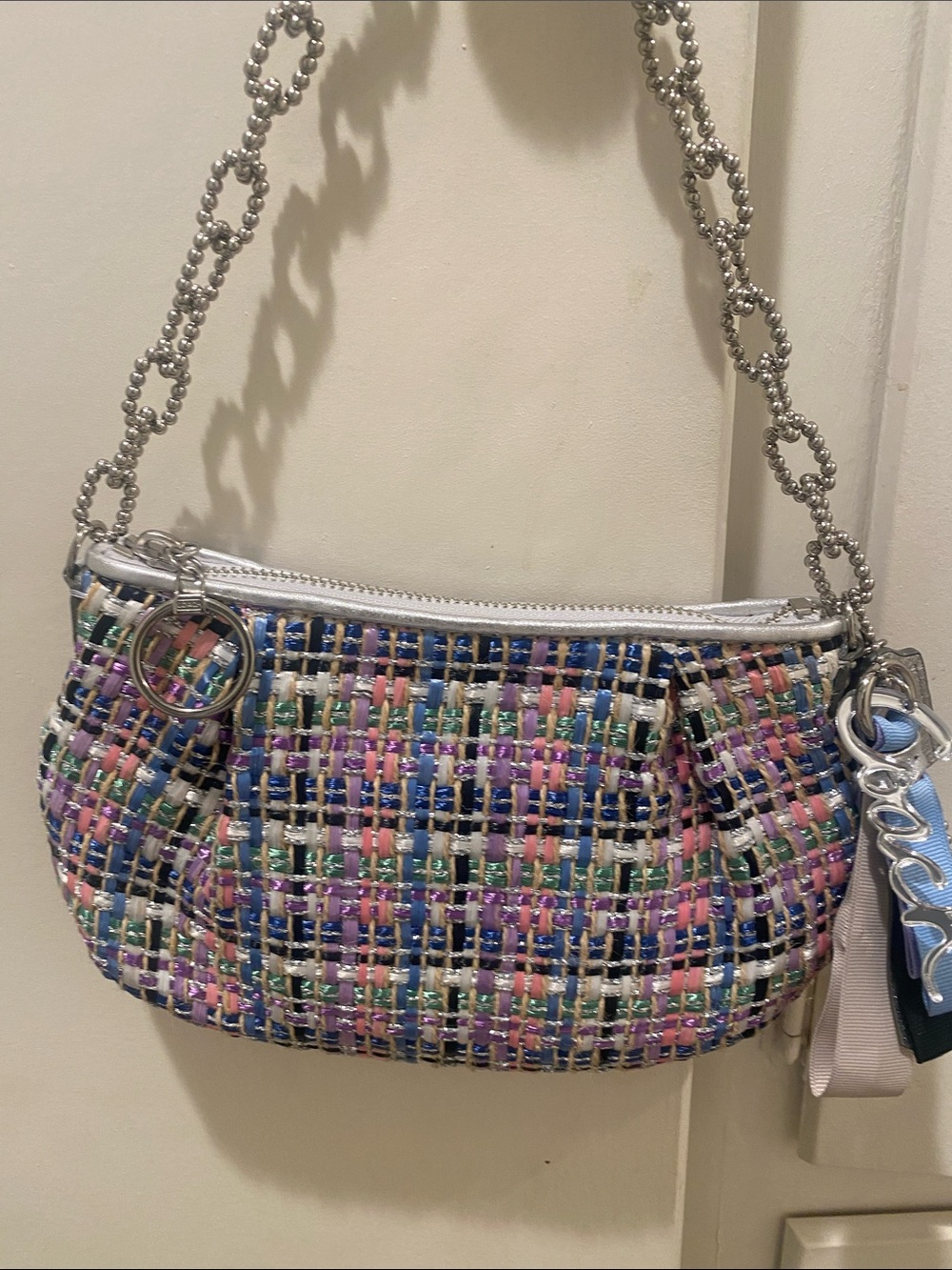 Coach Multicolor Woven Shoulder Bag with Silver Chain Like new